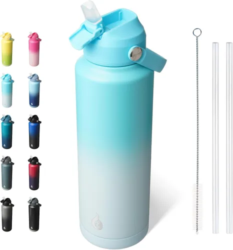 Vista 48 de BJPKPK - Botella de agua aislada con tapa de popote, 532 ml Botellas termo con boquilla suave, asa flexible y base antideslizante, libre de BPA, a