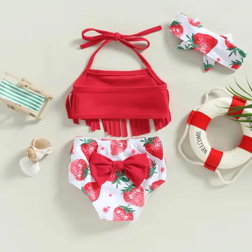 Vista 7 de Yccutest Traje de baño de flores para bebé, 3 piezas, parte superior triangular, parte inferior con volantes, sombrero para el sol, conjunto