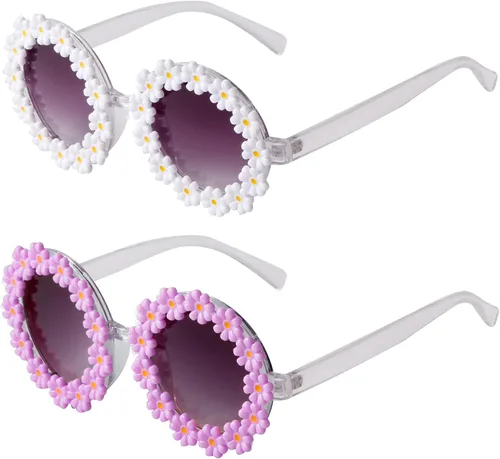 Vista 2 de SDINM 2 pares de lentes de sol con diseño de margarita, con forma de margarita, gafas redondas novedosas florales para festivales y fiestas