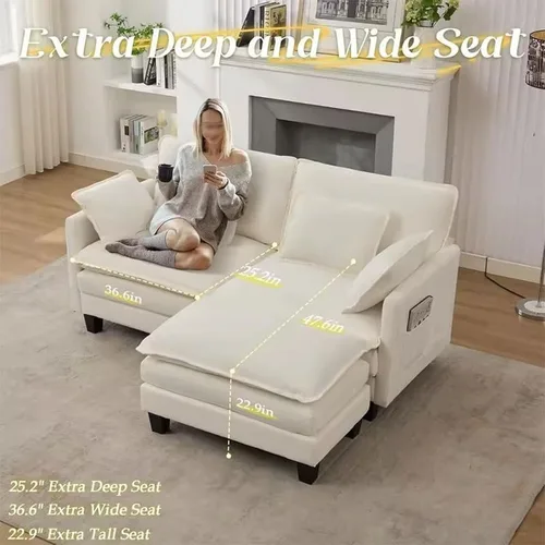Vista 5 de Sofá modular modular de 77.6 pulgadas en forma de L, cómoda nube con otomana movible, asiento extra profundo