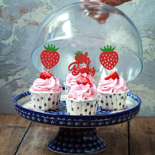 Vista 6 de 24 piezas de decoración de cupcakes con purpurina de fresa Oh Baby con temática de frutas, baby shower, para revelación de género, baby shower