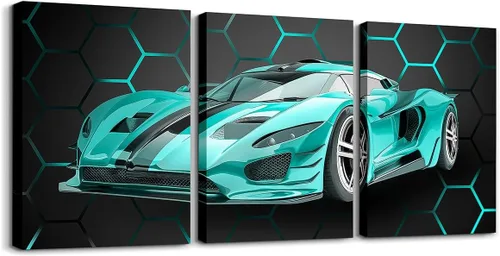 Vista 26 de Feelyou Cuadro azul de carreras para pared, 12 x 16 pulgadas, 3 piezas de autos deportivos de velocidad, lienzo para decoración de pared, diseño