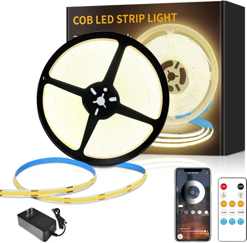 Vista 10 de Tira de luces LED COB de 32.8 pies, CC 24 V, regulable, 6000 K, luz de cinta LED flexible blanca para dormitorio, con control remoto y aplicación