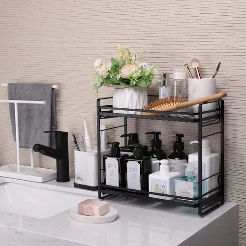 Vista 2 de zccz Organizador de baño de 2 niveles, ideal como organizador de encimera de cocina o baño, organizador de maquillaje con acabado negro