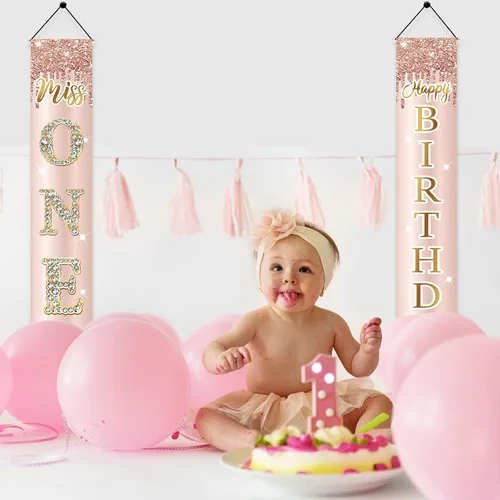 Vista 5 de Miss Onederful - Cartel de feliz cumpleaños para puerta y letrero de porche para niñas bebés, suministros de fiesta de primer cumpleaños, decoración