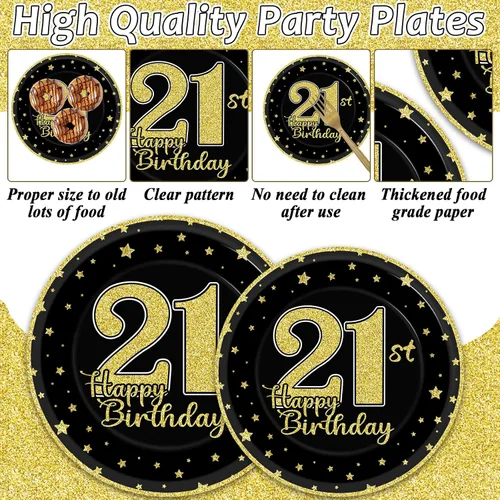 Vista 3 de 200 piezas de suministros para fiesta de cumpleaños de 21 años, platos de papel negro dorado, Brindis por 21 años, platos de papel y servilletas