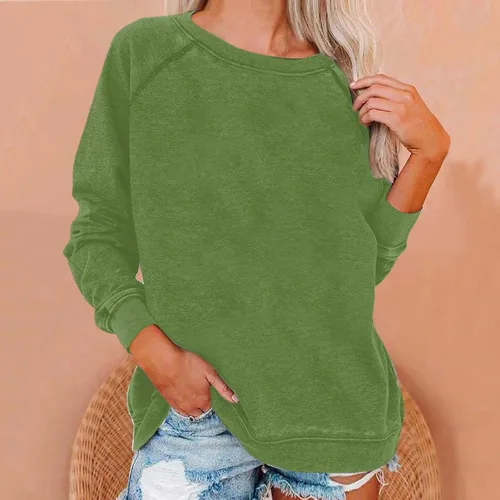 Vista 2 de Camisas para mujer, sudadera casual de manga larga raglán de color sólido para mujer, cuello redondo, sudadera básica