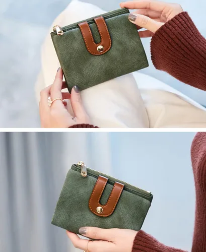 Vista 2 de Cartera de piel pequeña con bloqueo RFID, cartera delgada y plegable para mujer, Verde, Minimalista