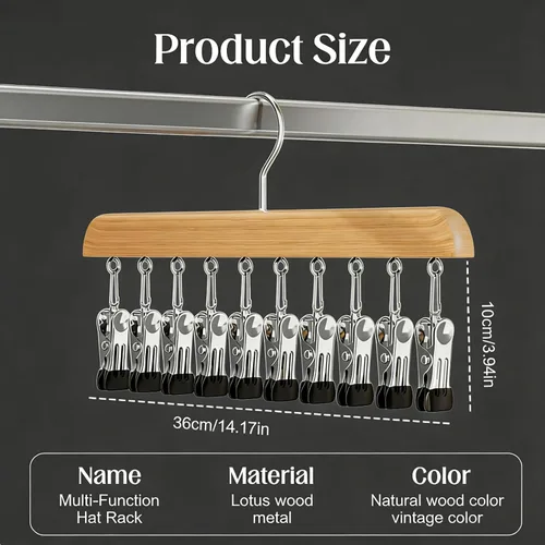 Vista 2 de Organizador de armario con 10 clips, organizador colgante de armario ajustable de madera para armario, colgador de pantalones de acero inoxidable
