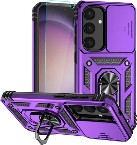 Vista 10 de Funda para Samsung Galaxy S24 Plus, funda de plástico duro de goma de silicona suave con cubierta de lente de cámara deslizante, anillo giratorio