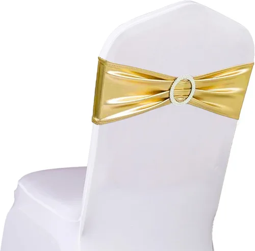 Vista 22 de Paquete de 50 bandas negras de elastano para sillas de boda, lazos con hebillas para fiestas, cumpleaños, fiestas, banquetes de jubilación