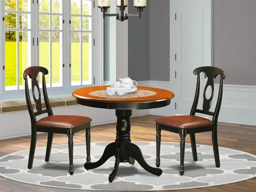 Vista 2 de East West Furniture El juego de habitación ANKE3-BLK-LC de 3 piezas contiene una mesa de cocina redonda con pedestal y 2 sillas de comedor tapizadas