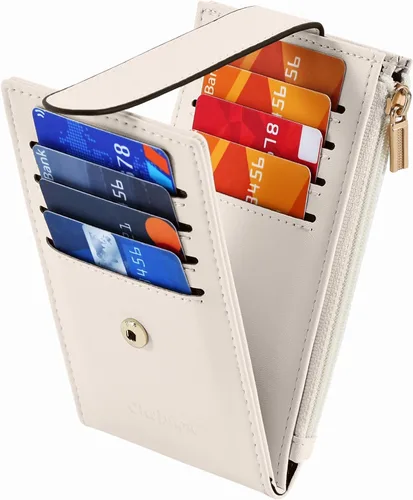 Vista 6 de Chelmon Cartera de mujer delgada con bloqueo RFID, billetera plegable con varios compartimientos para tarjetas con bolsillo con cremallera, Beige