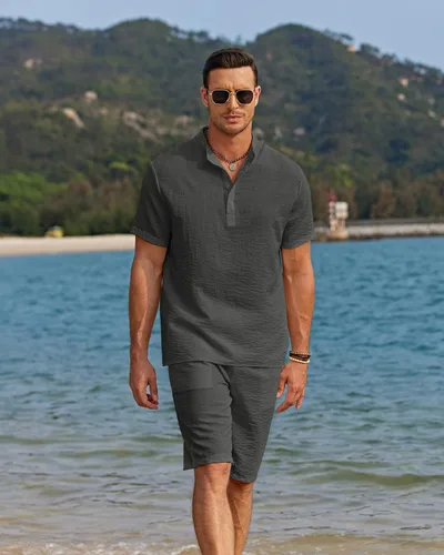 Vista 7 de COOFANDY Conjunto de 2 piezas de lino para hombre, camisas Henley casuales de manga corta, pantalones cortos de yoga para la playa, pantalones