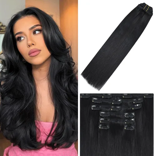 Vista 36 de WindTouch - Extensiones de cabello humano liso con pinzas, color negro azabache, 2.47 onzas, N.° 1, 12 pulgadas, 7