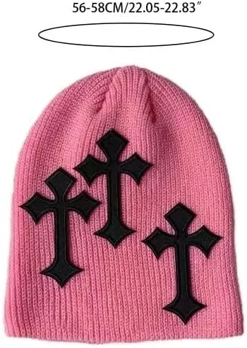 Vista 7 de Y2K - Sombrero de lana con cruz oscura, diseño de cruz, sombrero de pila suelta, sombrero de punto delgado, sombrero frío, otoño e invierno