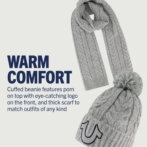 Vista 3 de True Religion womens Beanie Hat and Scarf Set, Winter Cuffed Knit Cap With Lurex Cable Pom and Scarf