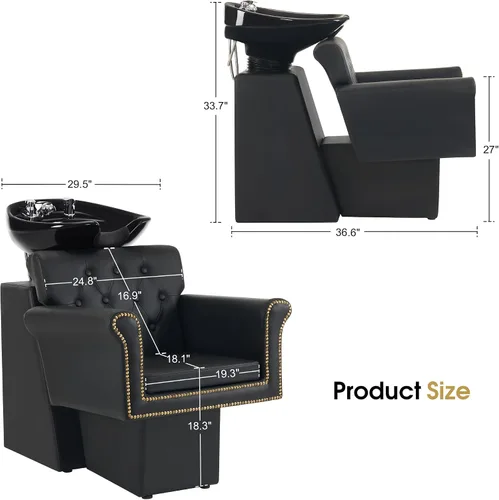 Vista 2 de BarberPub Silla de estación de champú negra para estilista, champú retrolavado de cerámica y juego de sillas para salón, salón en casa, barbería 9104