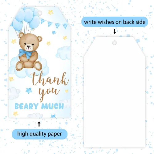 Vista 5 de Etiquetas de agradecimiento de oso, 50 etiquetas de regalo azules con cuerda para baby shower, etiquetas de regalo de agradecimiento para celebrar