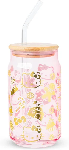Vista 26 de Silver Buffalo Sanrio - Vaso de vidrio con tapa de bambú y sorbete de vidrio de fotos de Badtz-Maru, 16 onzas