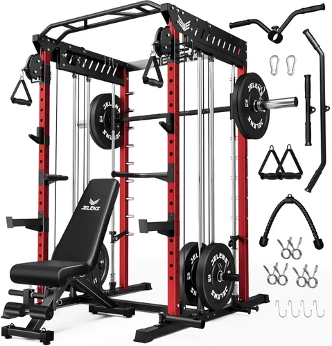 Vista 32 de JELENS M21 - Máquina Smith, jaula de potencia multifunción con sistema de cruce de cable de polea doble, banco de sentadillas todo en uno de 907 kg