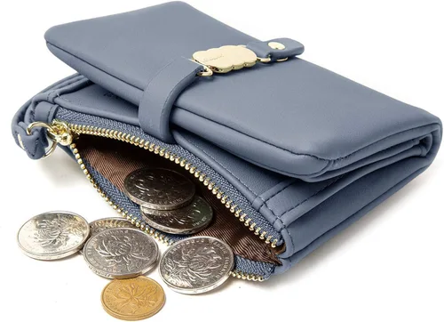 Vista 6 de AOXONEL Carteras pequeñas para mujer monedero plegable RFID para mujer monederos para tarjetas monedero de cambio con correa de muñeca Clásico