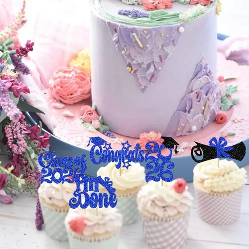 Vista 3 de Paquete de 24 adornos para cupcakes de graduación 2025 con purpurina I Am Done Diploma Felicidades Graduado Cap Cupcake Picks Class Of 2025