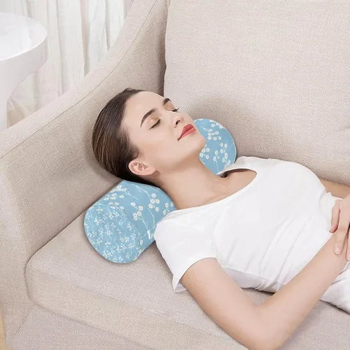 Vista 5 de Almohada redonda con funda de almohada cervical con diseño de flores azules y blancas, almohada cervical, soporte de cuello de espuma viscoelástica