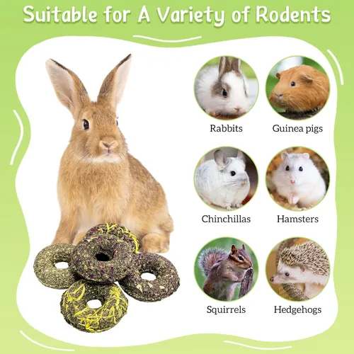 Vista 7 de Fhiny 10 juguetes masticables de conejo, golosinas de conejo con hierba natural y flores, pasteles de hierba molar para mascotas para conejillos