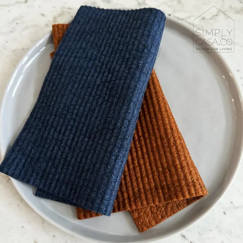 Vista 7 de Paquete de 5 paños de cocina suecos teñidos a mano, reutilizables, biodegradables, súper absorbentes de doble textura, embalaje sin plástico