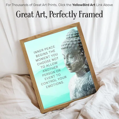 Vista 2 de Impresión artística de estatua de Buda del budismo ENMARCADA - Decoración de pared con cita zen inspiradora y motivacional para baño, hogar