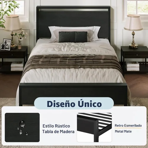 Vista 4 de Base de cama Allewie de tamaño individual con cabecero y pie de cama de madera, soporte de listones de metal resistentes, no requiere somier