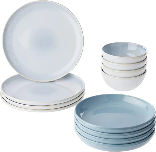Vista 13 de Corelle Juego de vajilla de gres, platos y cuencos de cerámica esmaltada sólida y reactiva hecha a mano, platos redondos de estilo rústico moderno