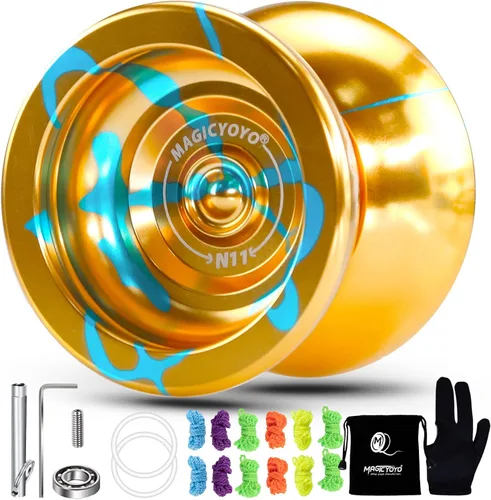 Vista 5 de Yoyo profesional Yoyo N11 dorado azul, aleación de metal Yoyo para niños/jugador avanzado+guante Yo Yo + bolsa Yoyo + cuerdas Yoyo, paquete