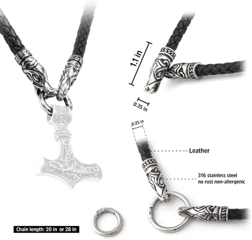 Vista 5 de BAVIPOWER Collar de cuero con cabeza de lobo vikingo para hombres y mujeres con 2 cierres diferentes, solo cadena de acero inoxidable 316L, joyería