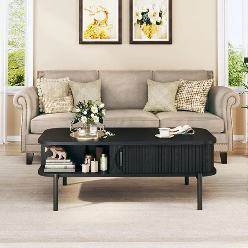 Vista 7 de Mesa de café, mesas de café modernas de mediados de siglo de 39.4" para la sala de estar, mesa de café con almacenamiento, estante abierto, mesa