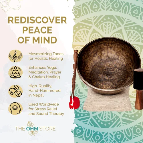 Vista 4 de Juego Grande de Cuencos Tibetanos Cantores por Ohm Store — Cuenco de Meditación de Sonido Jupiter de Bronce Puro de 12 Pulgadas, 2 Mazos y un Cojín