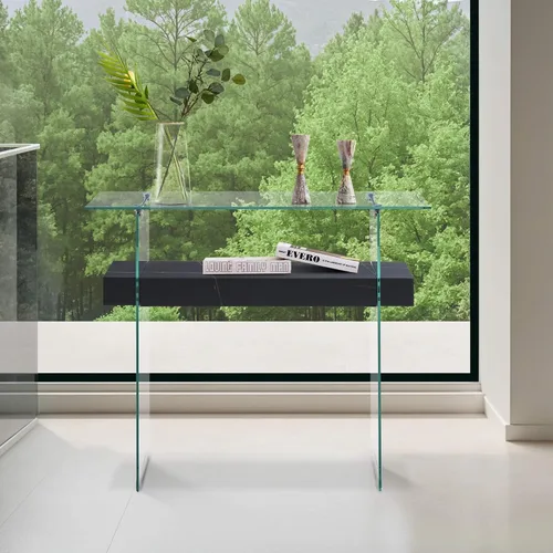 Vista 2 de ivinta Mesa de arrimo de cristal con almacenamiento, mesa de sofá moderna de 39.4" para sala de estar, vestíbulo, pasillo, dormitorio 5101 (Negro)