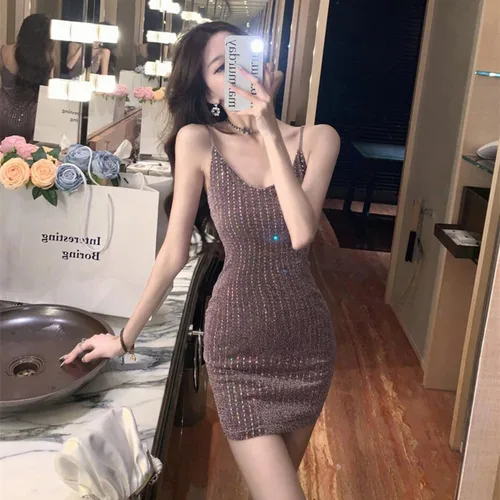 Vista 3 de Minifalda de lentejuelas brillantes para mujer, para discoteca, sexy, de un hombro, manga larga y sin mangas, falda de tubo de una pieza