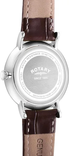 Vista 4 de Rotary Reloj analógico de cuarzo Windsor para hombre con esfera plateada y correa de cuero marrón GS0542002, Moderno