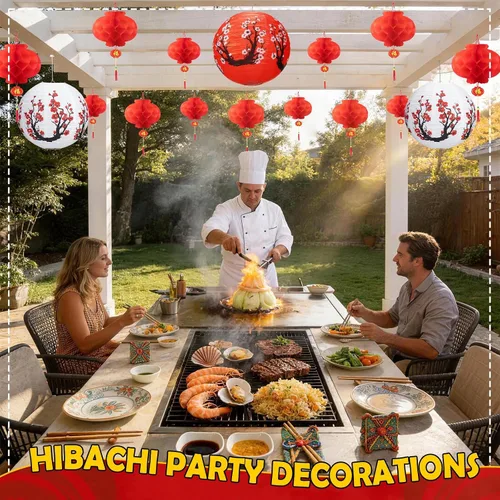 Vista 2 de 18 piezas de decoraciones de fiesta Hibachi, linternas japonesas y linternas chinas rojas Cherry blossom and red lanterns create a layered party