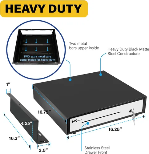 Vista 3 de HK SYSTEMS Cajón de efectivo POS negro resistente de 16 "acero inoxidable" con 5Bill/5Coin con soporte de metal de montaje debajo del mostrador