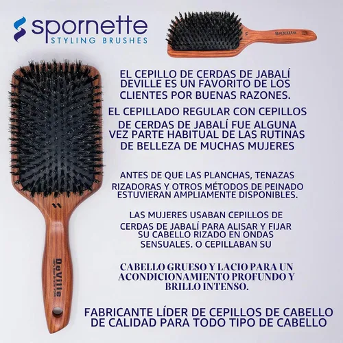 Vista 8 de Spornette Deville Cushion Paddle Brush - Cepillo de cerdas de jabalí con mango de madera, para alisar, alisar, desenredar, peinar y cepillar