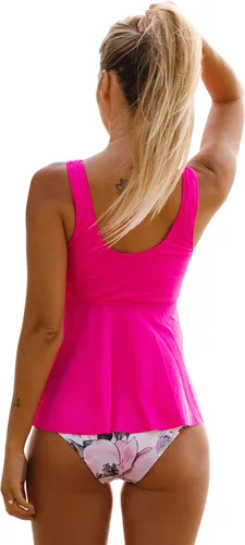 Vista 5 de Beachsissi Traje de baño tankini para mujer, estampado de flores, dobladillo con volantes, control de abdomen