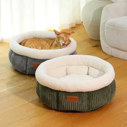 Vista 7 de FUKUMARU Cama para gatos, camas redondas de pana para gatos de interior, cama lavable y esponjosa para mascotas para gatos y cachorros, camas suaves
