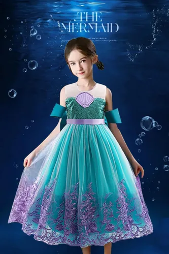 Vista 2 de keaiyouhuo Vestido de princesa sirena 3-13T para niñas, disfraz de cosplay, vestido de fiesta de cumpleaños + peluca roja