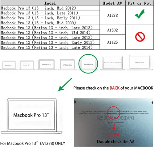 Vista 2 de RUBAN Funda compatible con MacBook Pro de 13 pulgadas 2012 2011 2010 2009 versión A1278, carcasa rígida de plástico y cubierta de teclado para Negro