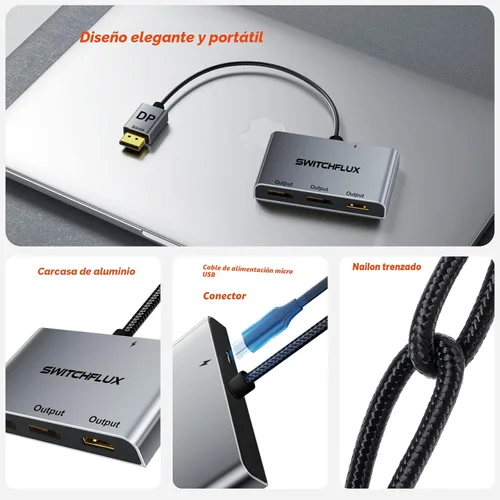 Vista 6 de DisplayPort a Dual DisplayPort con adaptador HDMI 4K @60 Hz Pantalla extendida 1 en 3 salidas MST Hub para múltiples monitores compatible
