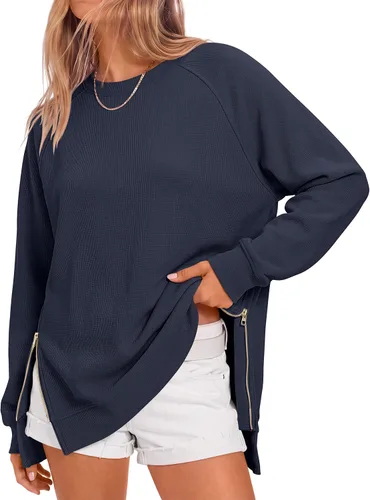 Vista 21 de ANRABESS - Sudadera de gran tamaño para mujer, cuello redondo, manga larga, tipo túnica, con cremallera lateral, sudadera con capucha, suéter