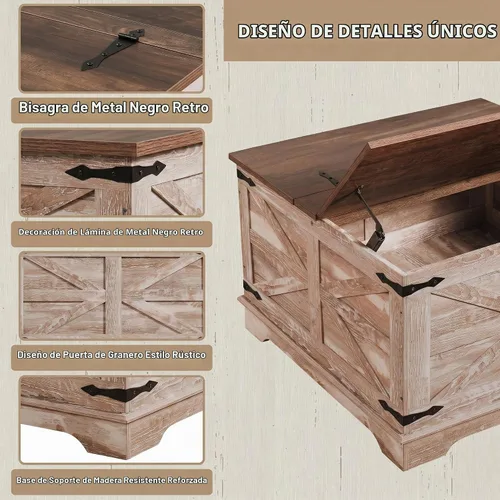 Vista 6 de senlin Mesa de café de casa de campo, mesa de café resistente con almacenamiento, mesa central cuadrada de madera con compartimento